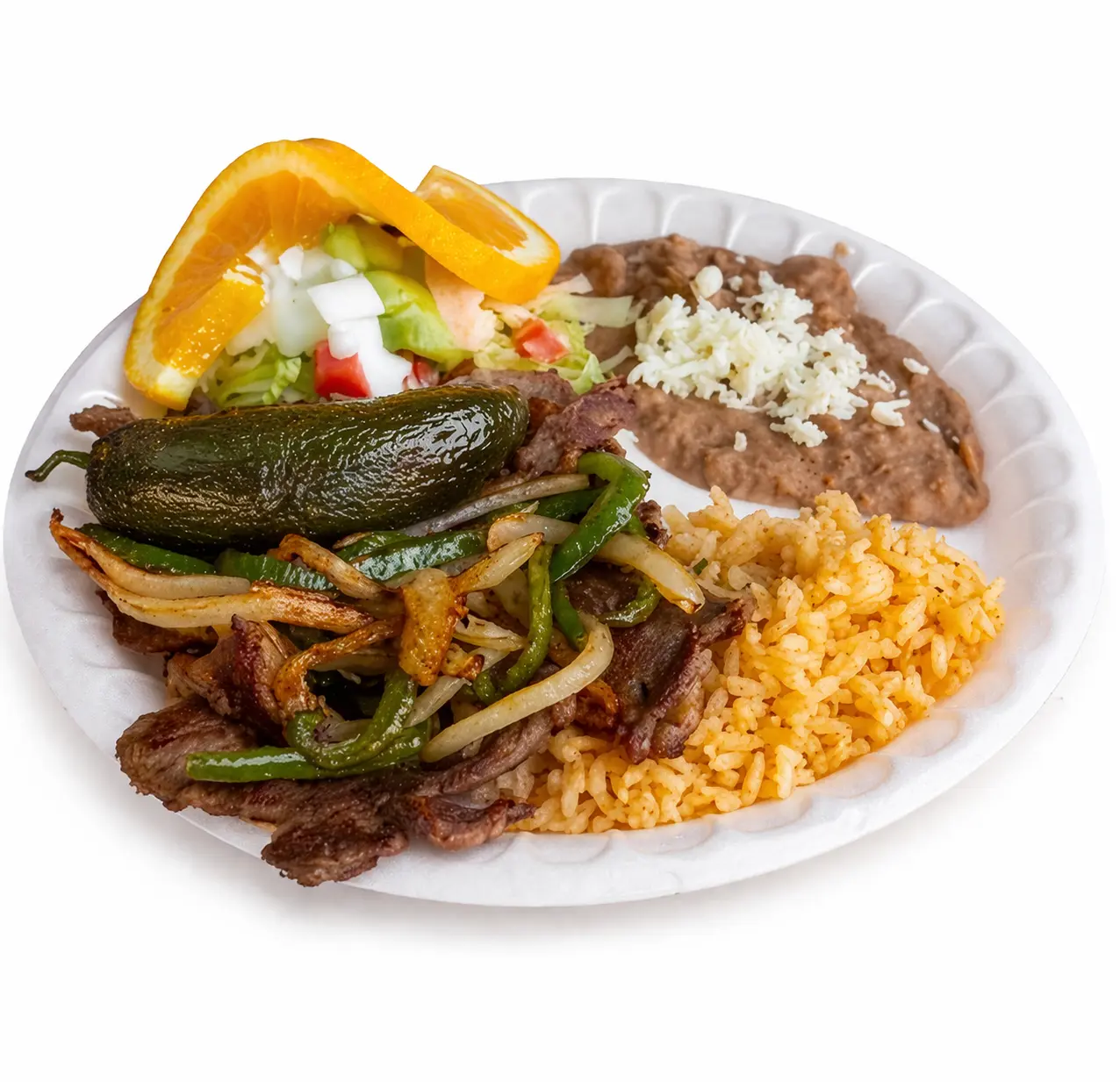 Mexican bistec ranchero plate with grilled steak, peppers, rice and beans in Baldwin Park and East Los Angeles