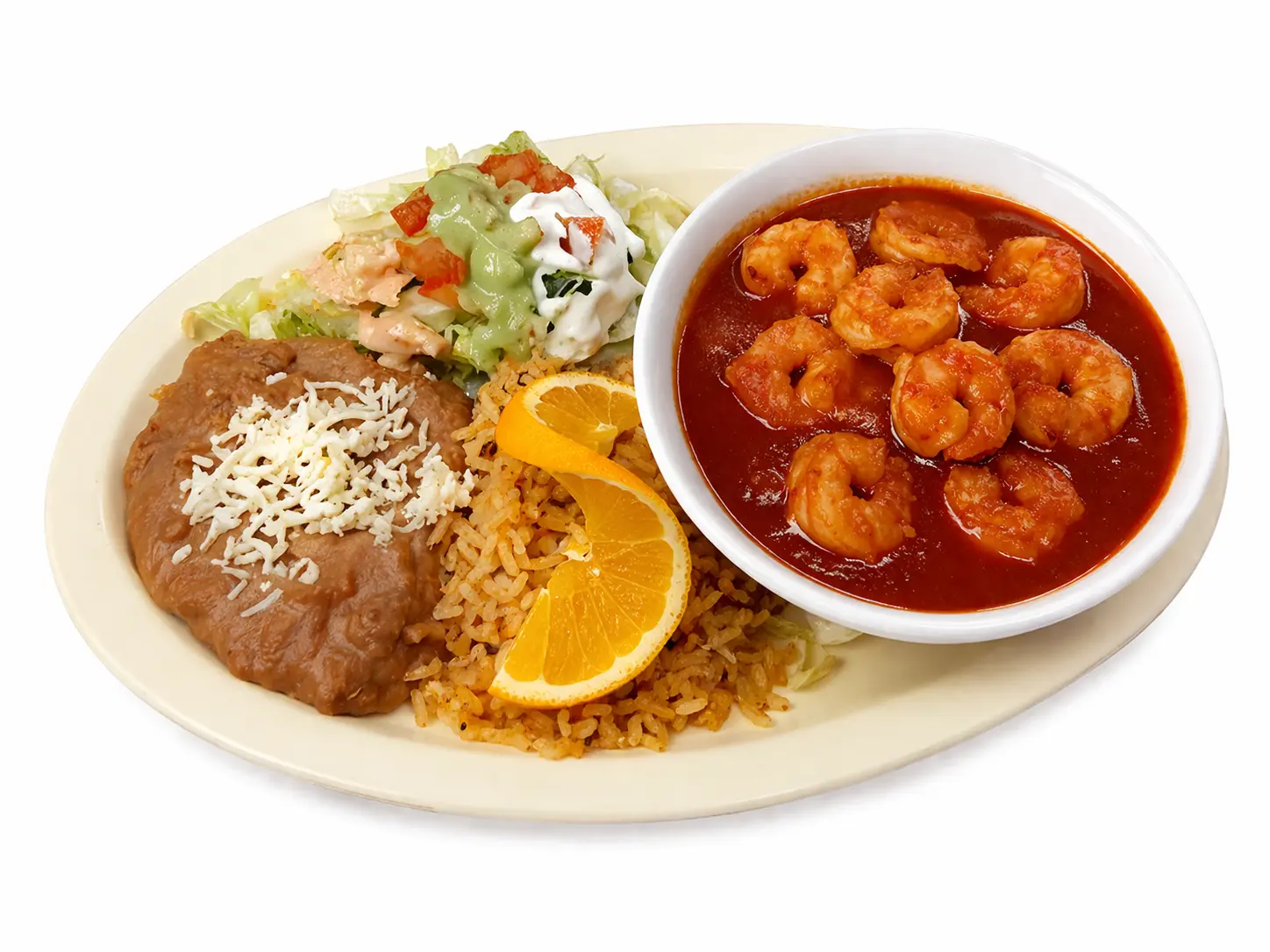 spicy shrimp diabla plate with rice beans and salad in Baldwin Park and East Los Angeles