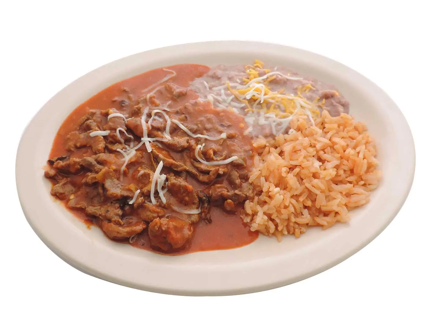 Mexican chile colorado beef plate with rice and beans in Baldwin Park and East Los Angeles