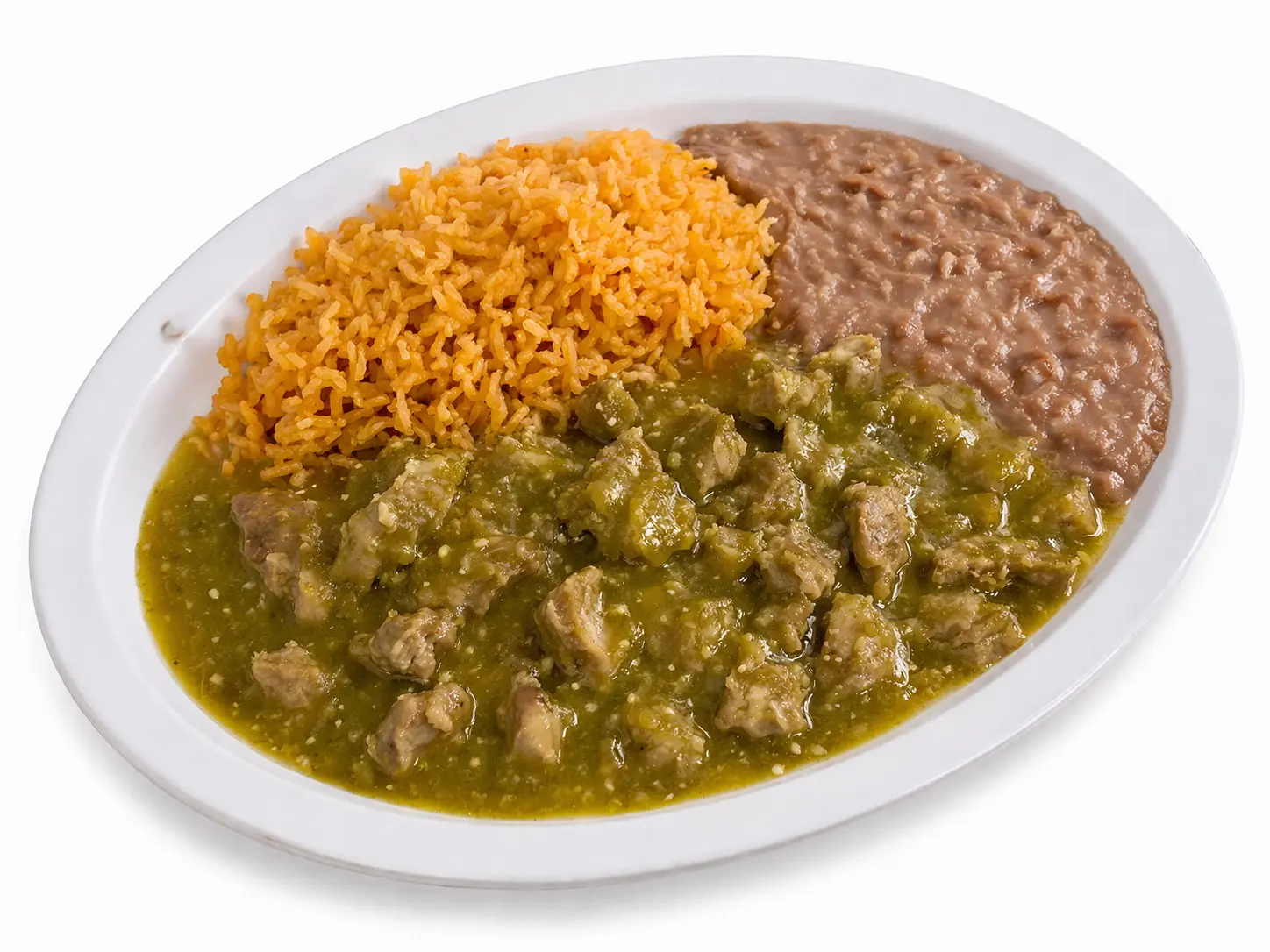 Mexican chile verde pork plate with rice and beans in Baldwin Park and East Los Angeles