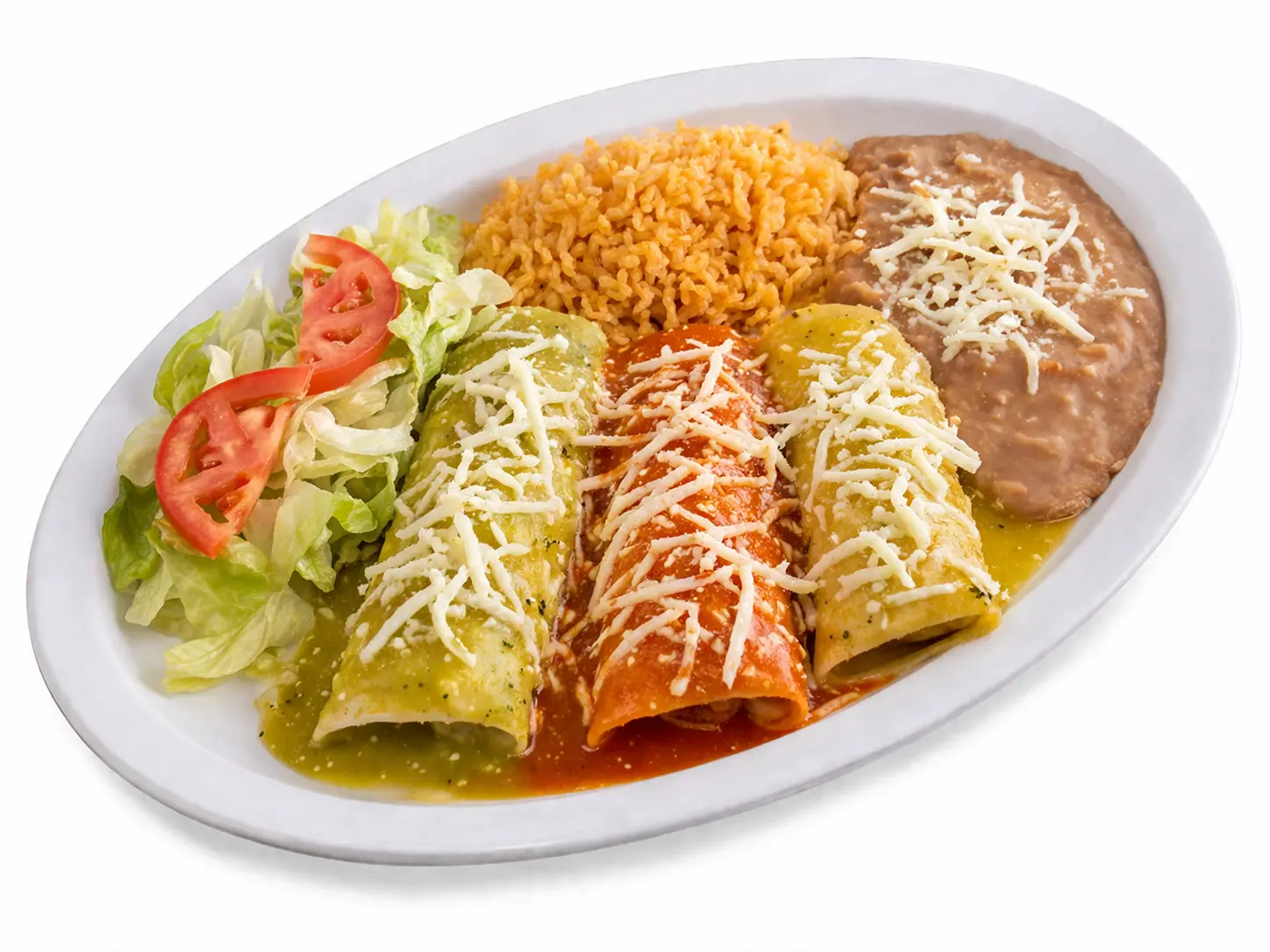 Mexican enchiladas plate with three enchiladas topped with sauce and cheese served with rice beans and salad