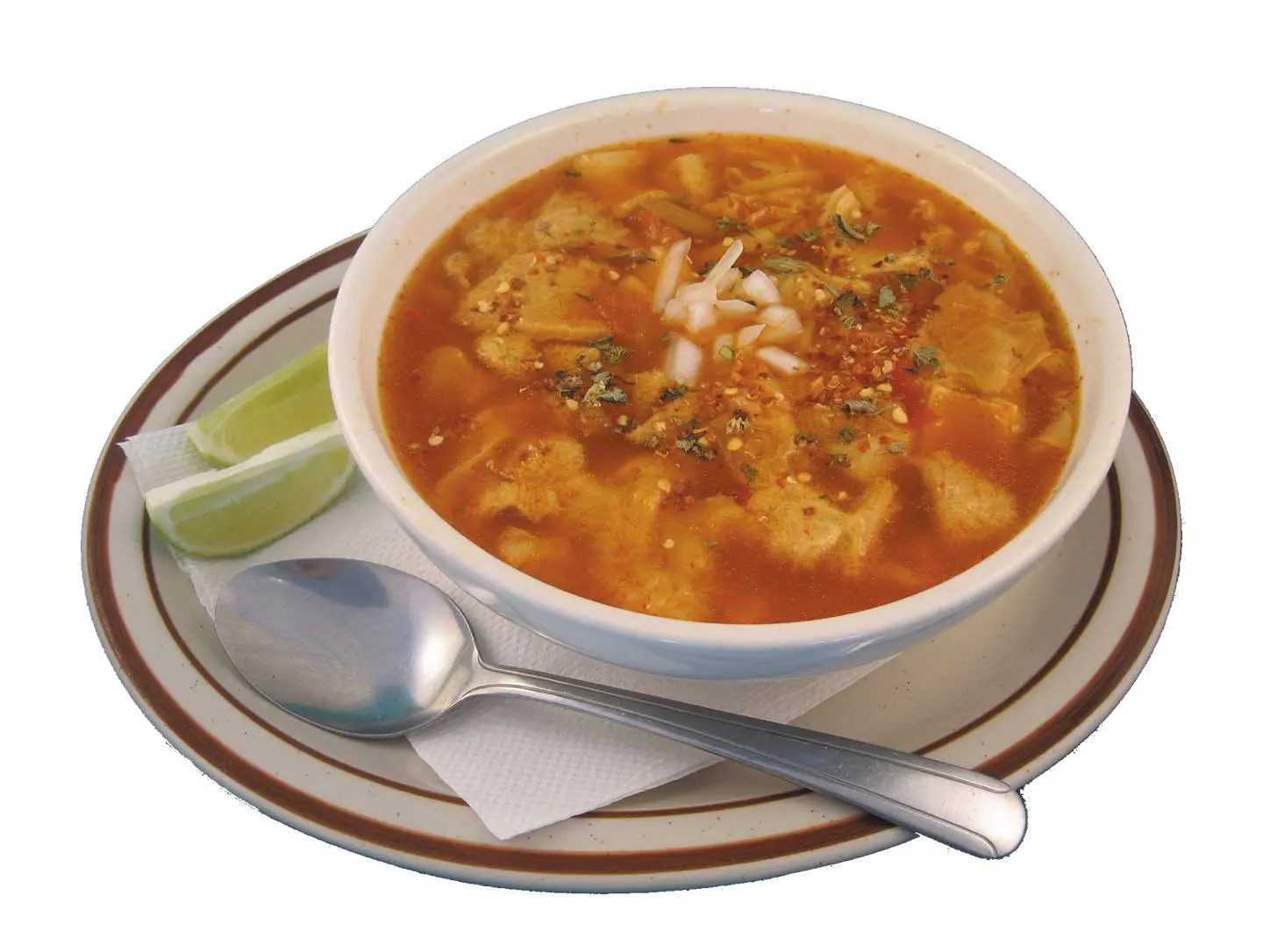 traditional menudo mexican soup with red broth and lime in Baldwin Park and East Los Angeles
