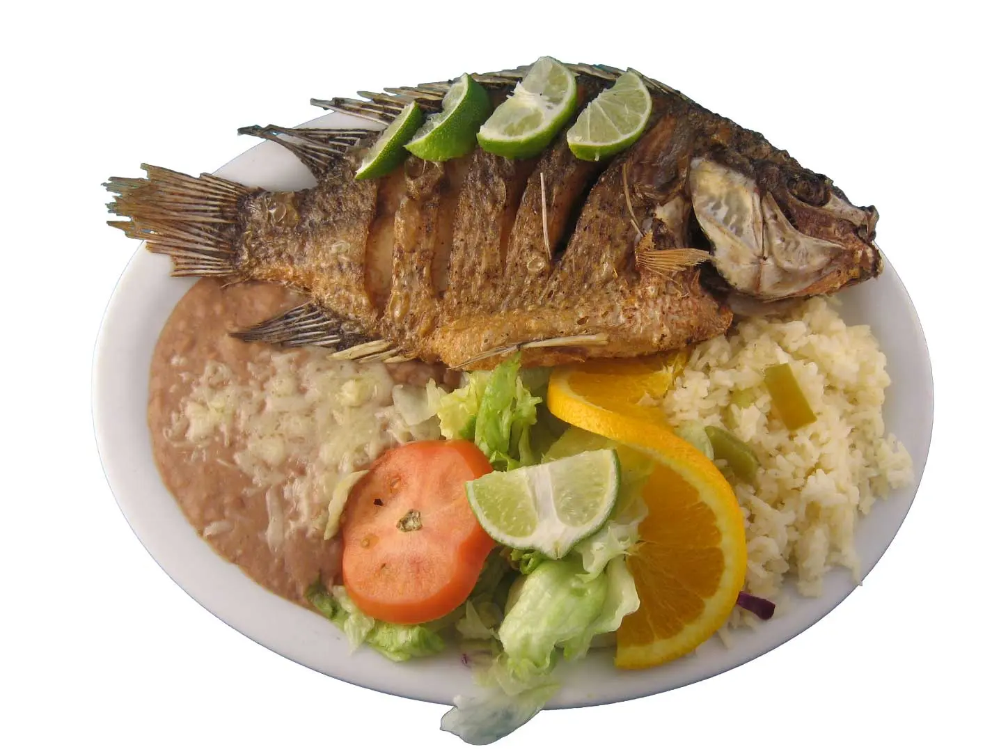 whole fried tilapia plate with rice beans and salad in Baldwin Park and East Los Angeles