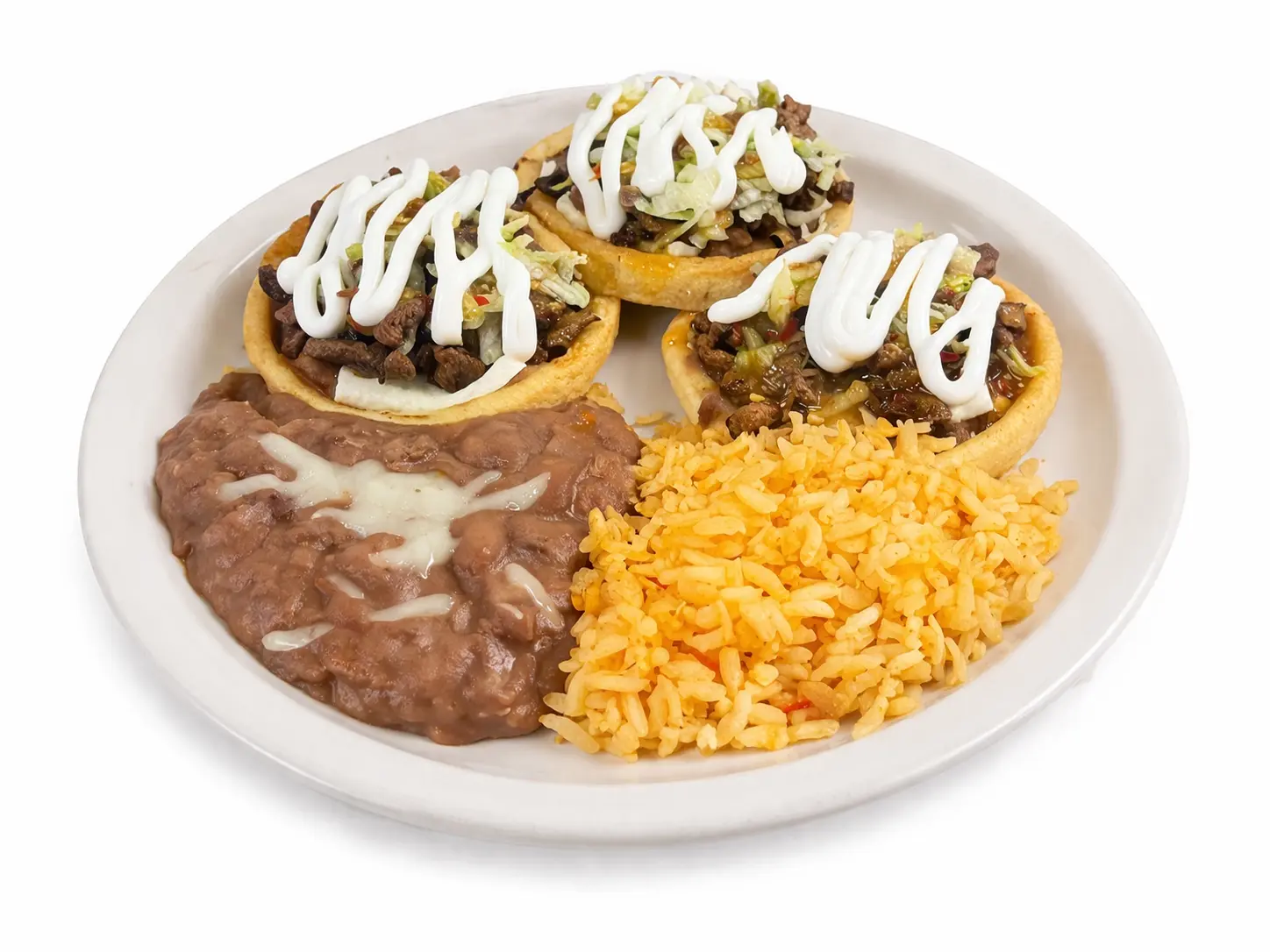 Mexican sopes plate with carne asada, rice and beans in Baldwin Park and East Los Angeles
