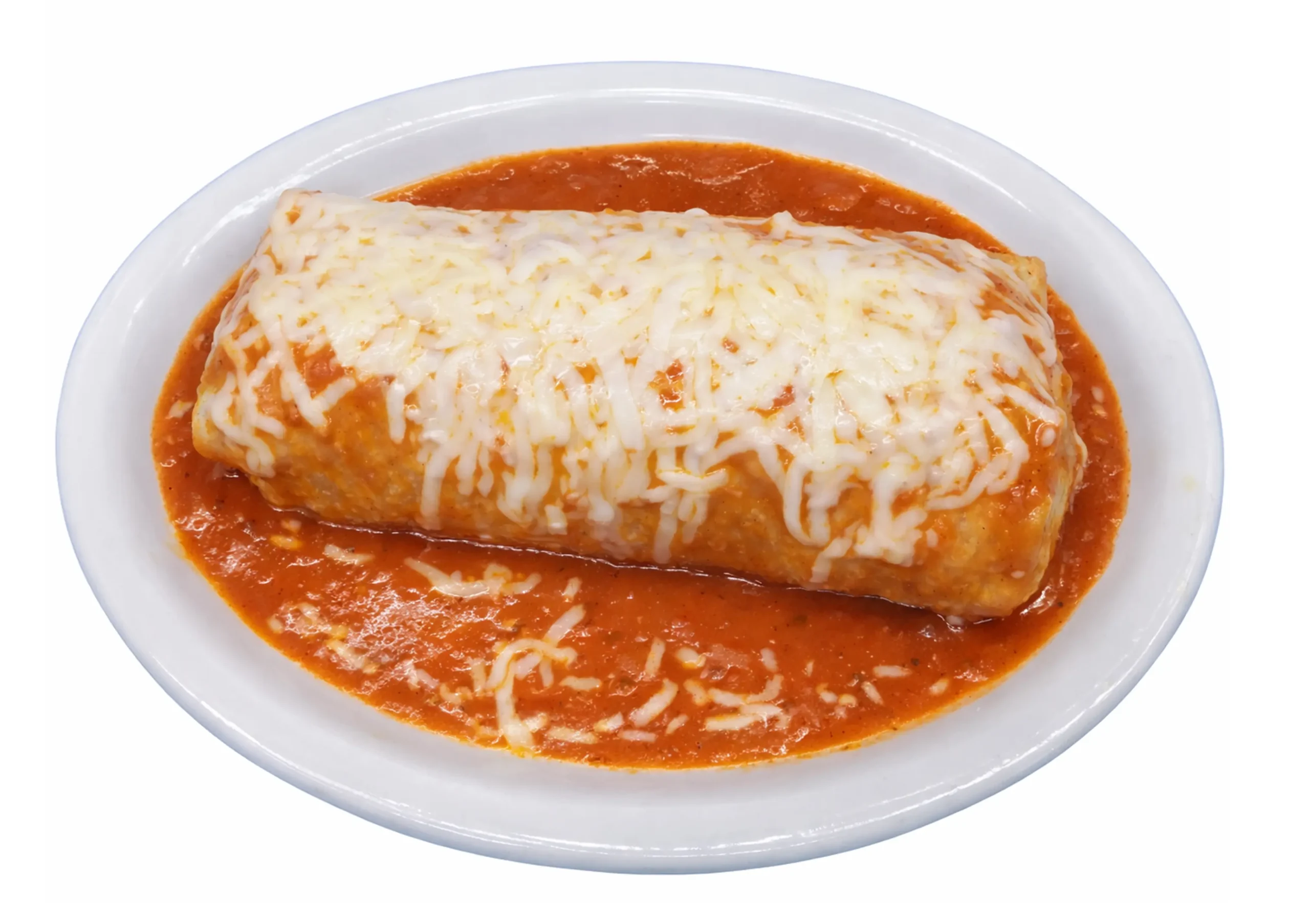 Wet burrito covered in red sauce and melted cheese served at Taqueria El Atacor in Los Angeles and Baldwin Park